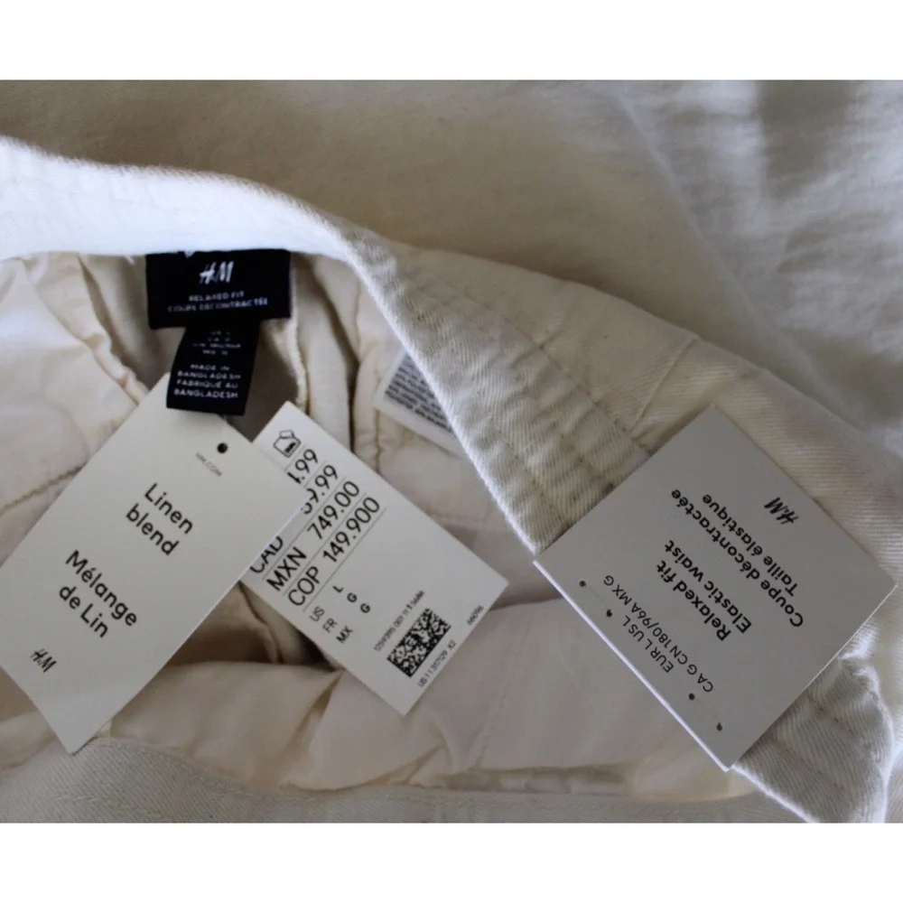 H&M Men’s Linen Blend Drawstring Elastic Waist Wide Leg Pants Large Brand New